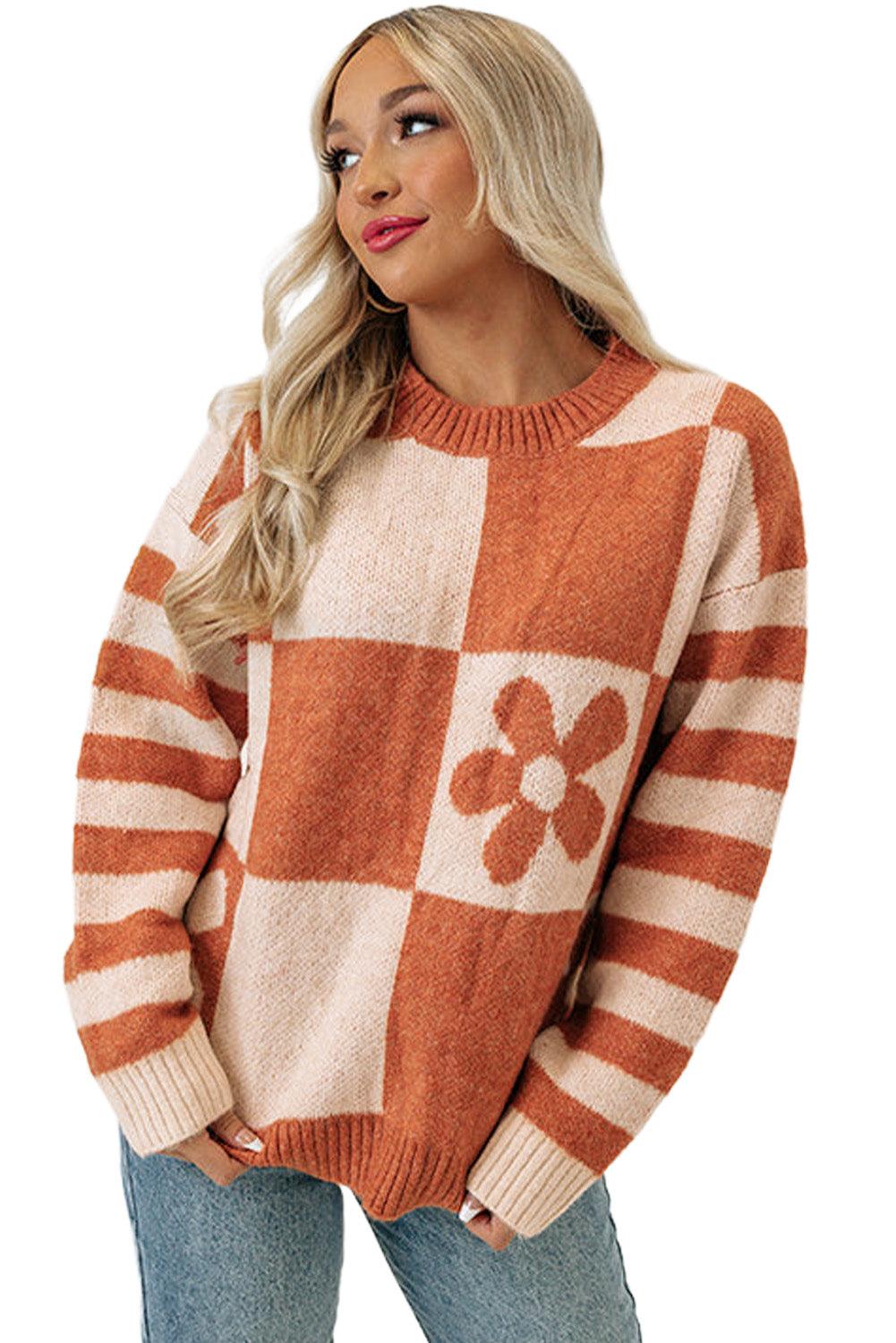 Brown Checkered Floral Print Striped Sleeve Sweater - L & M Kee, LLC