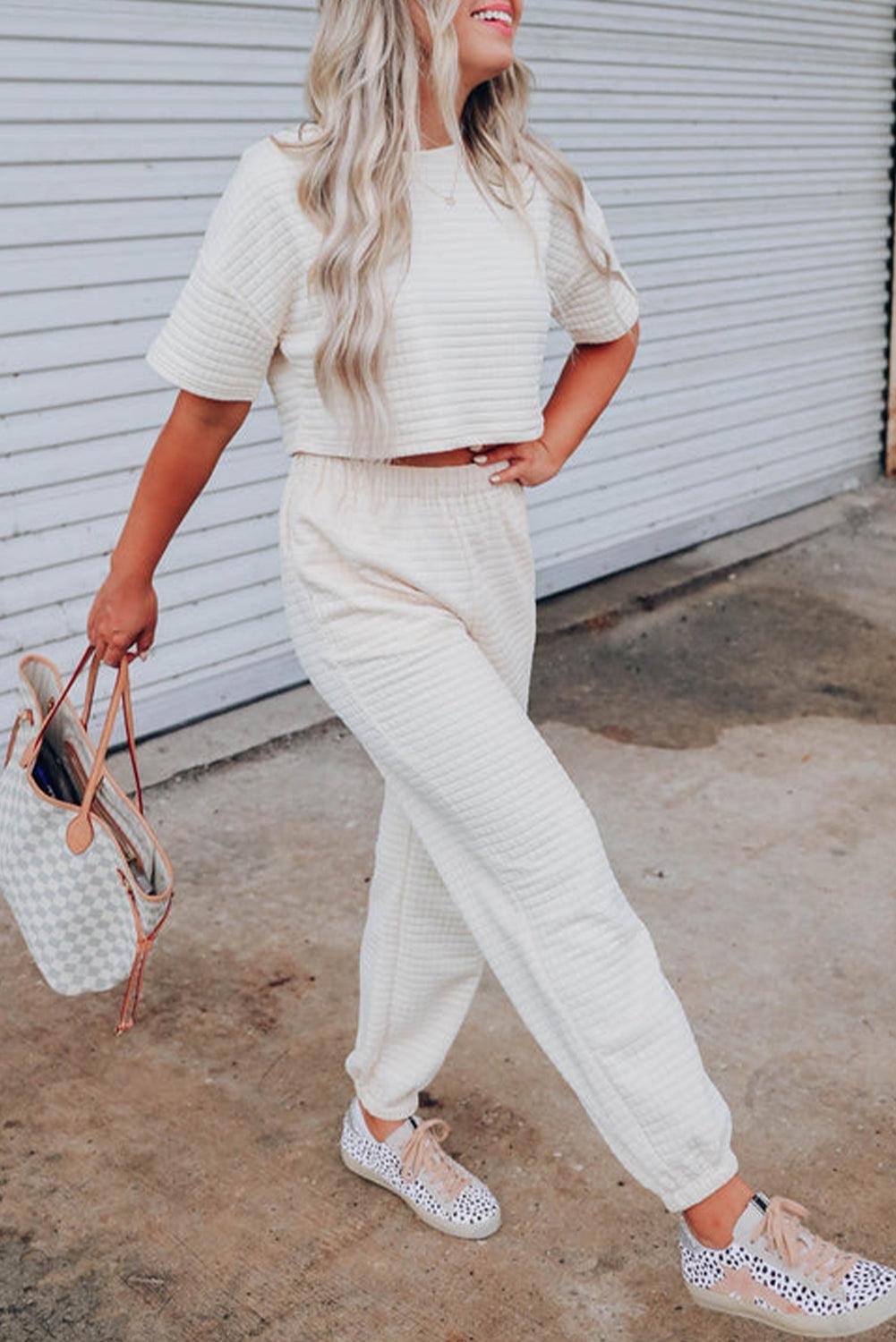 Rose Red Lattice Textured Cropped Tee and Jogger Pants Set - L & M Kee, LLC