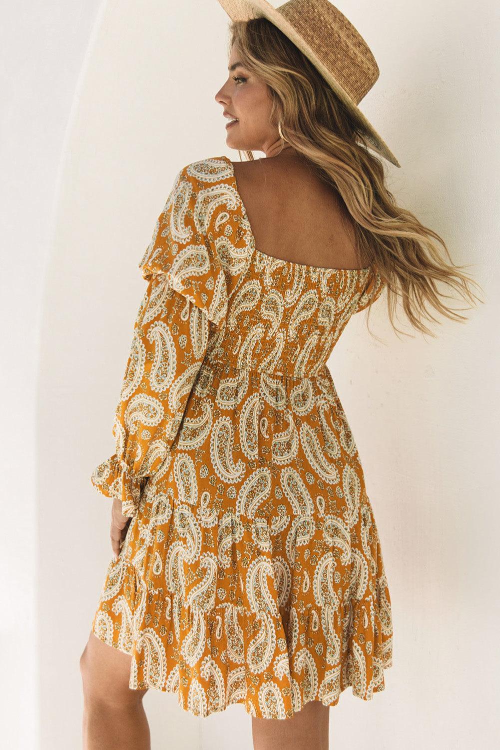 Boho Paisley Long Sleeve Floral Dress - L & M Kee, LLC