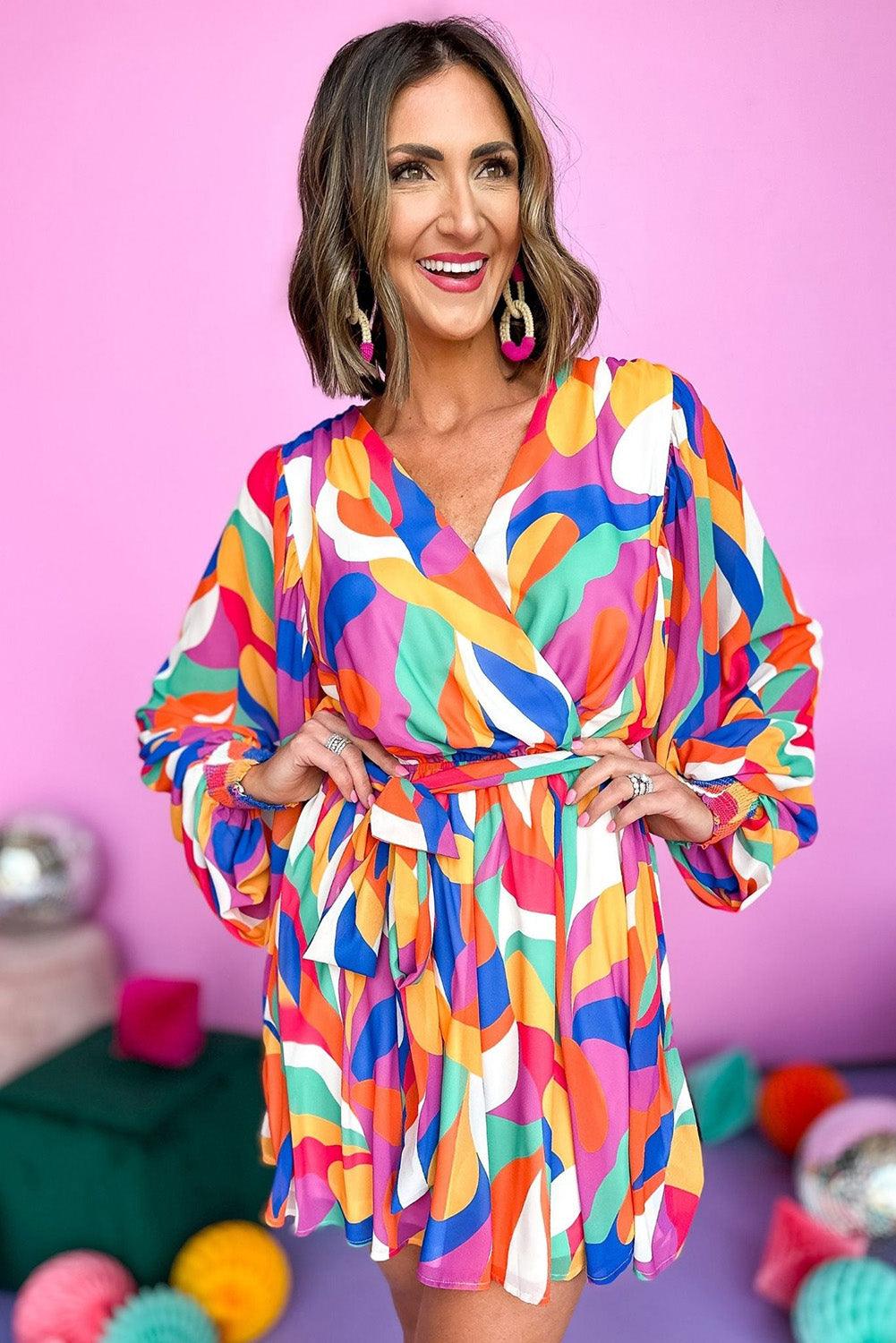 Multicolor Abstract Printed Belted Puff Sleeve Mini Dress - L & M Kee, LLC