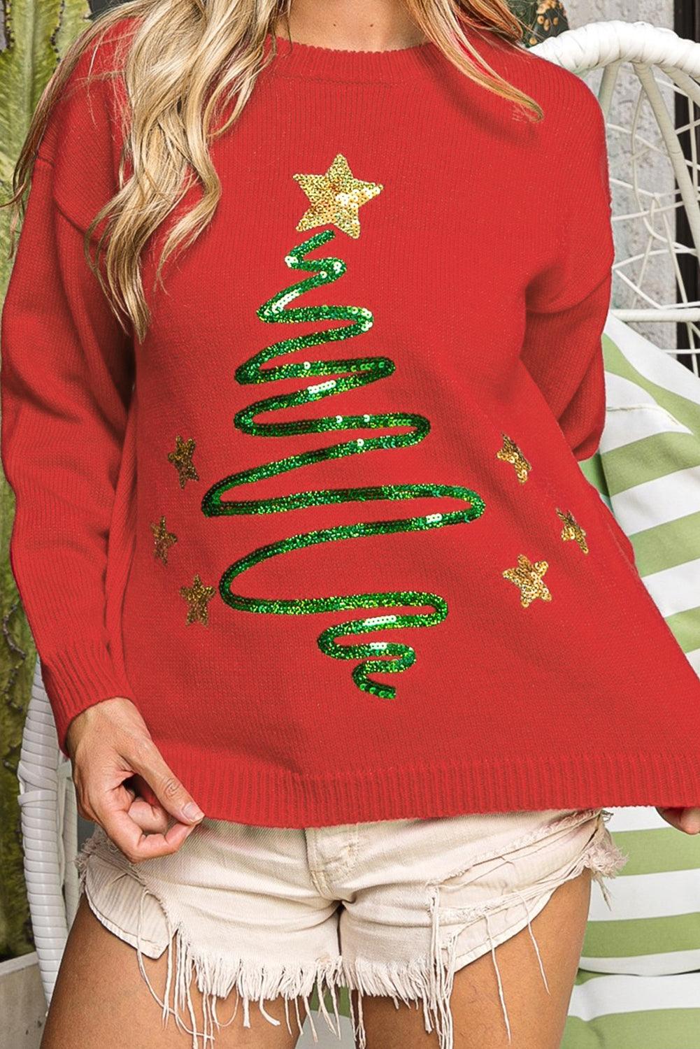 Fiery Red Sequined Christmas Tree Sketch Drop Shoulder Sweater - L & M Kee, LLC