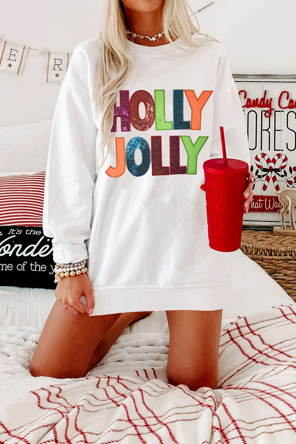 White Oversized Christmas Sequined HOLLY JOLLY Corded Crewneck Sweatshirt