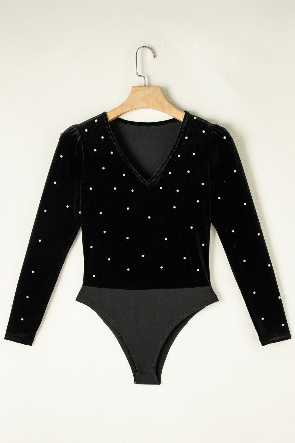 Black Velvet Beaded Long Sleeve V Neck Bodysuit - L & M Kee, LLC