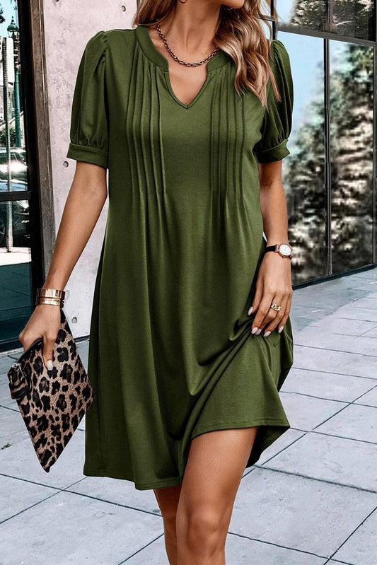 Fern Green Notched Neck Pleated Puff Sleeve Shift T-shirt Dress - L & M Kee, LLC