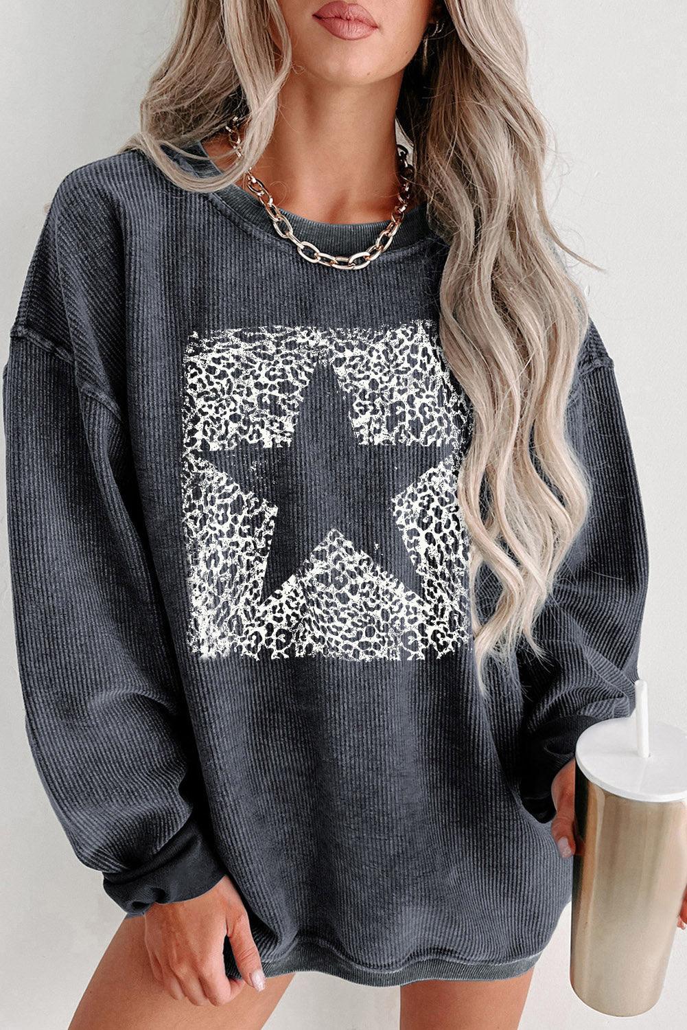 Gray Leopard Star Graphic Corded Sweatshirt - L & M Kee, LLC