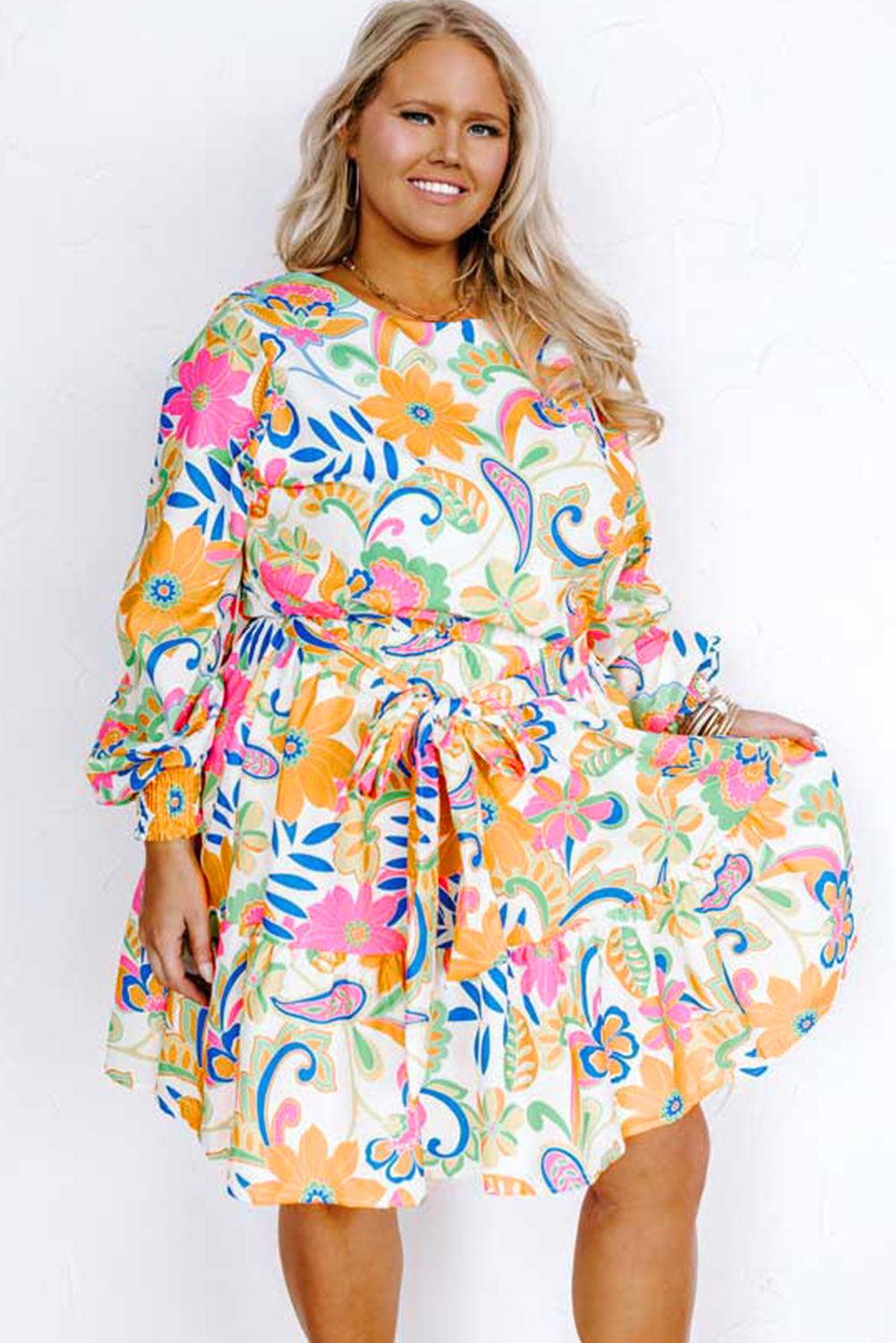 Orange Paisley Floral Print Belted Plus Size Dress - L & M Kee, LLC