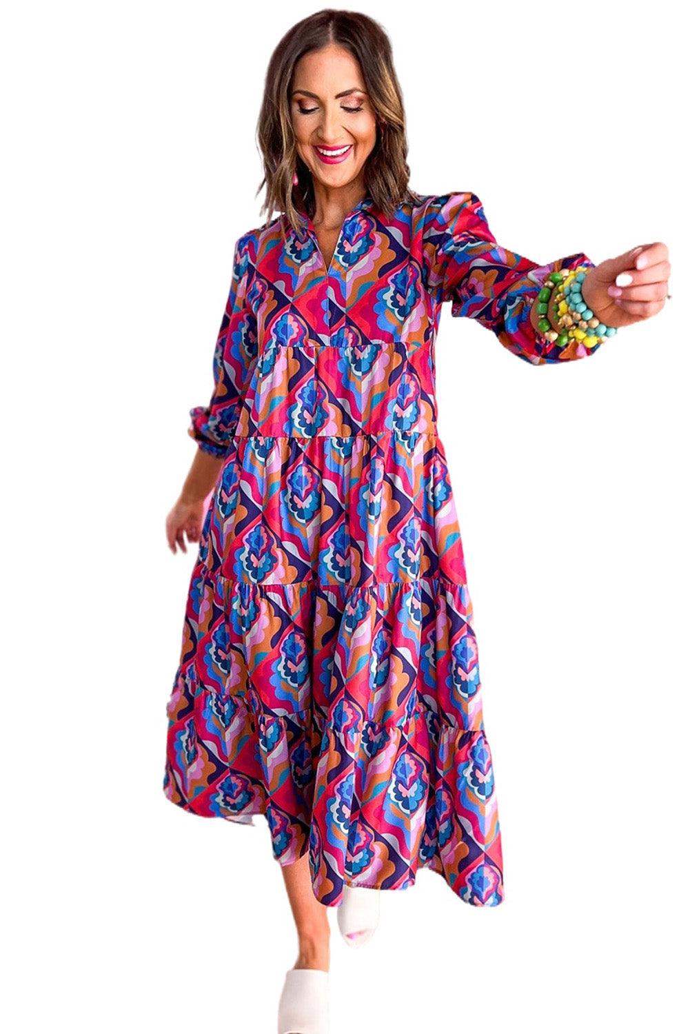 Multicolor Abstract Geometric Print Long Sleeve High Waist Dress - L & M Kee, LLC