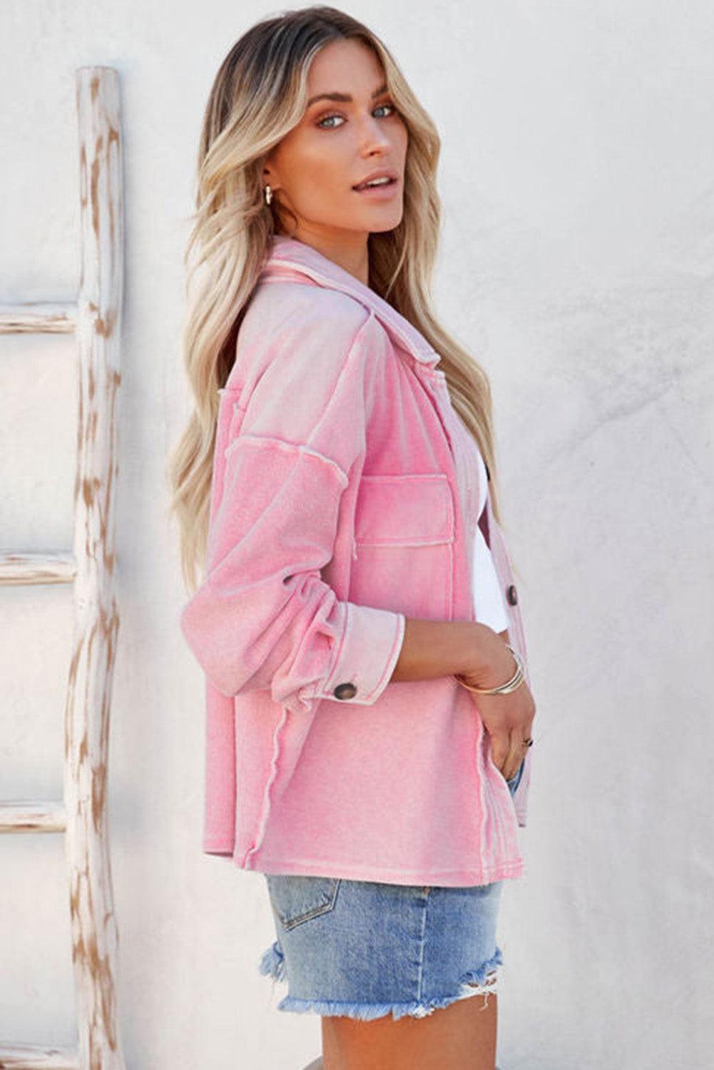 Pink Turn-Down Collar Pockets Shirt Jacket - L & M Kee, LLC