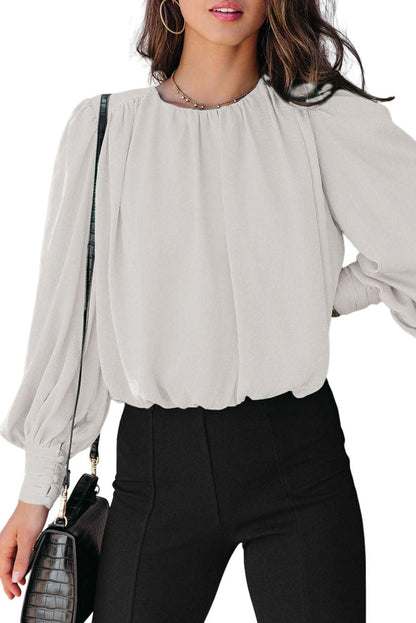 White Padded Shoulder Buttoned Cuffs Pleated Loose Blouse - L & M Kee, LLC