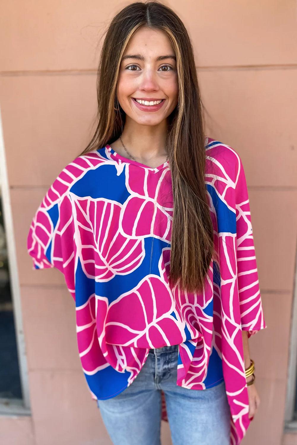 Rose Red Floral Print 3/4 Sleeve V Neck Baggy Blouse - L & M Kee, LLC