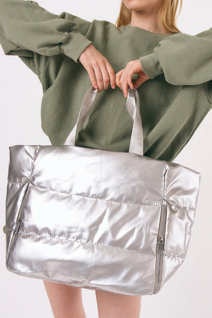 Silvery Solid Zipper Puffer Large Tote Bag