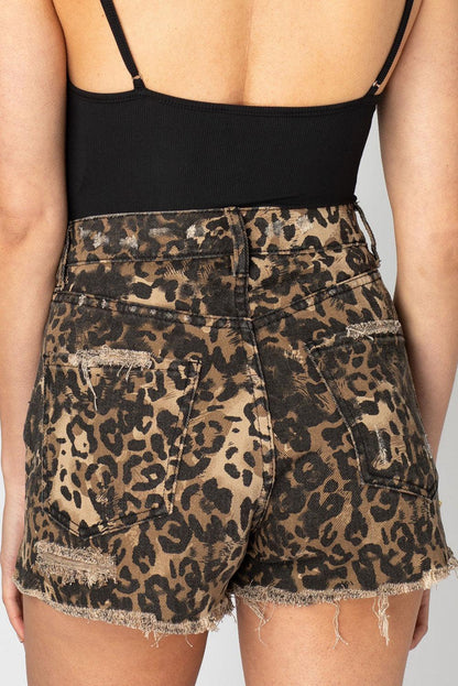 Leopard Print Ripped Denim Shorts