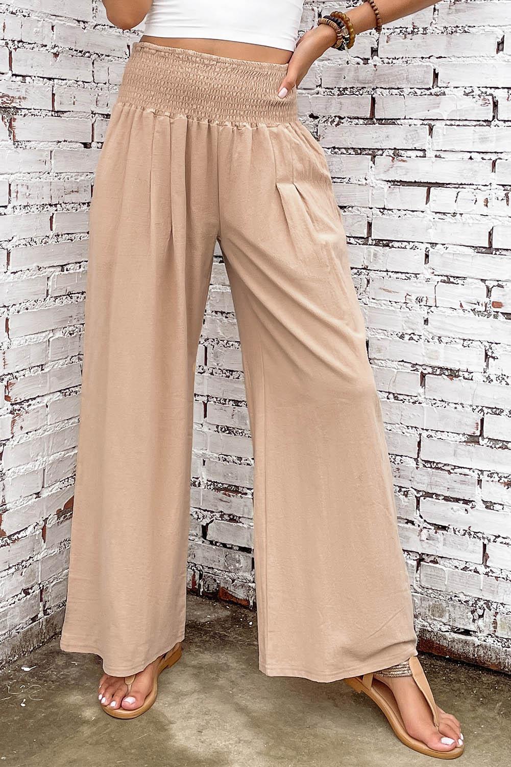 Khaki Smocked Wide Waistband High Waist Wide Leg Pants - L & M Kee, LLC