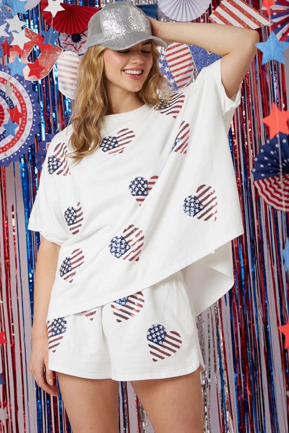 White American Flag Sequin Graphic Loose Top and Short Set - L & M Kee, LLC