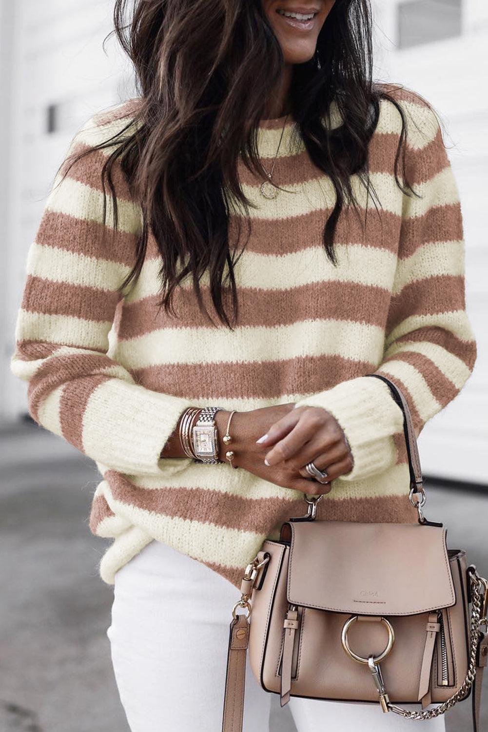 Brown Striped Round Neck Casual Sweater - L & M Kee, LLC