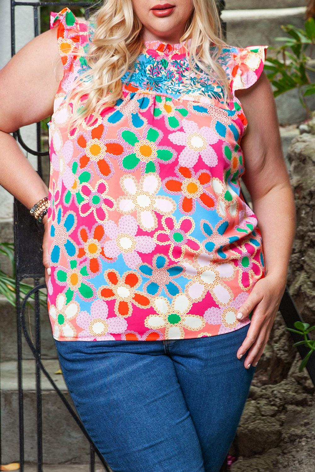 Multicolor Plus Size Floral Embroidered Flutter Sleeve Tank Top - L & M Kee, LLC