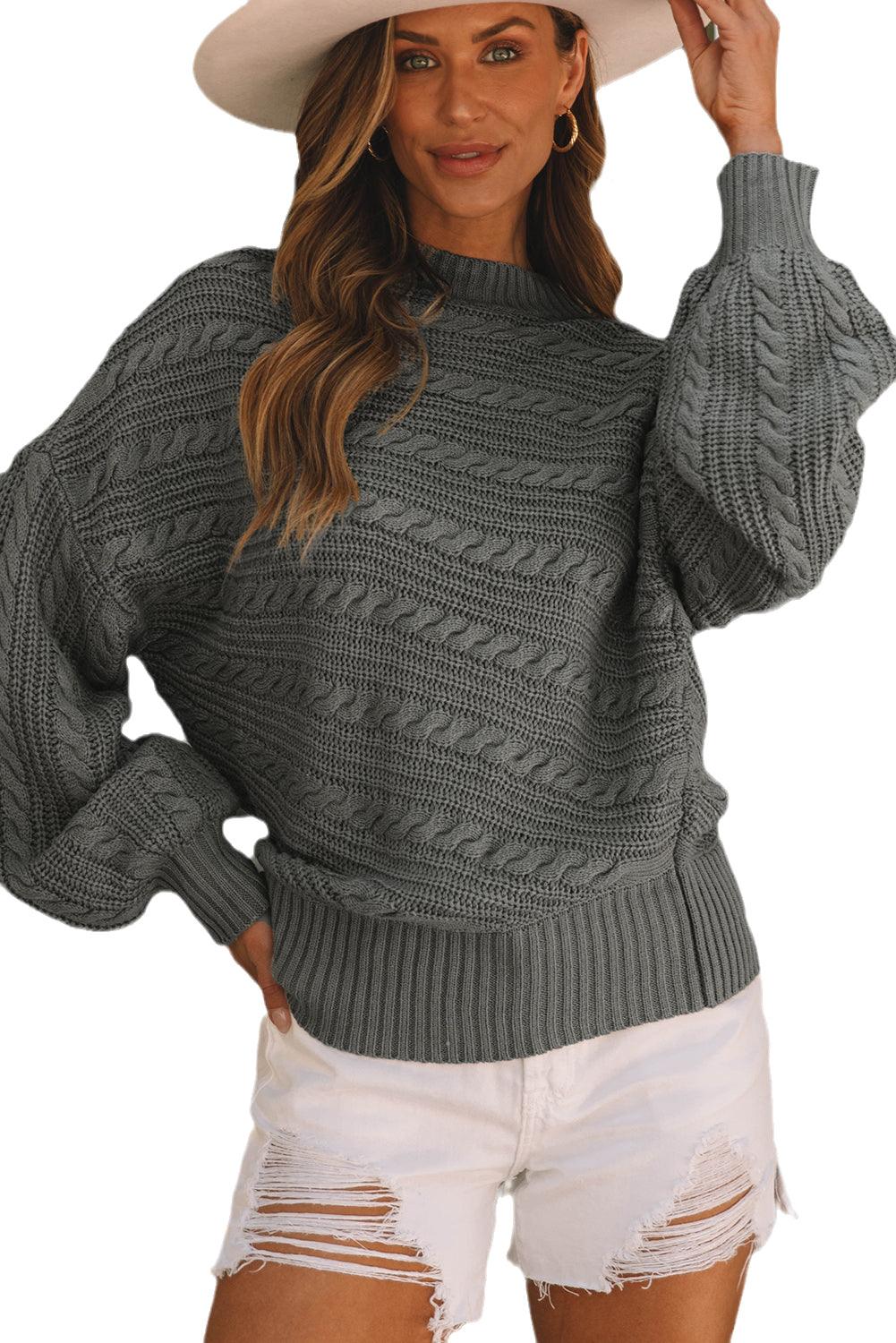 Gray Mock Neck Lantern Sleeve Cable Knit Sweater - L & M Kee, LLC