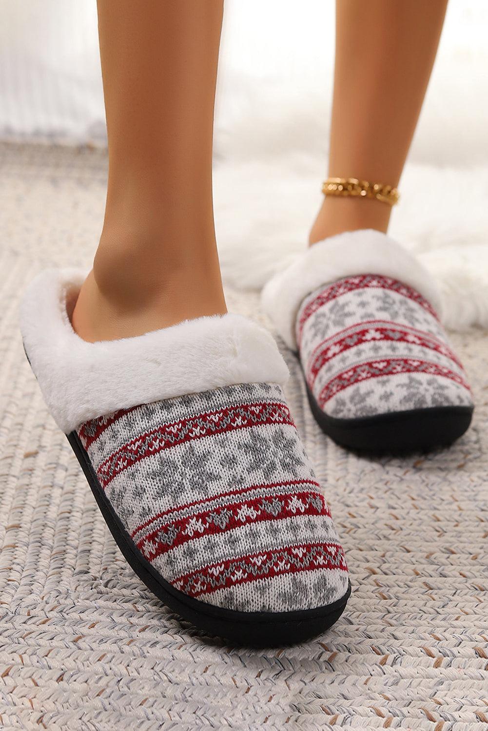 White Snowflake Pattern Knitted Plush Home Slippers - L & M Kee, LLC