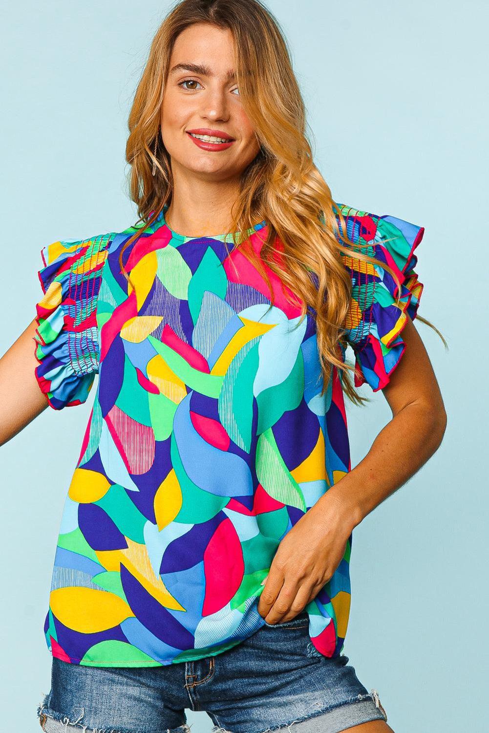 Multicolor Abstract Print Stitching Ruffle Sleeve Blouse - L & M Kee, LLC