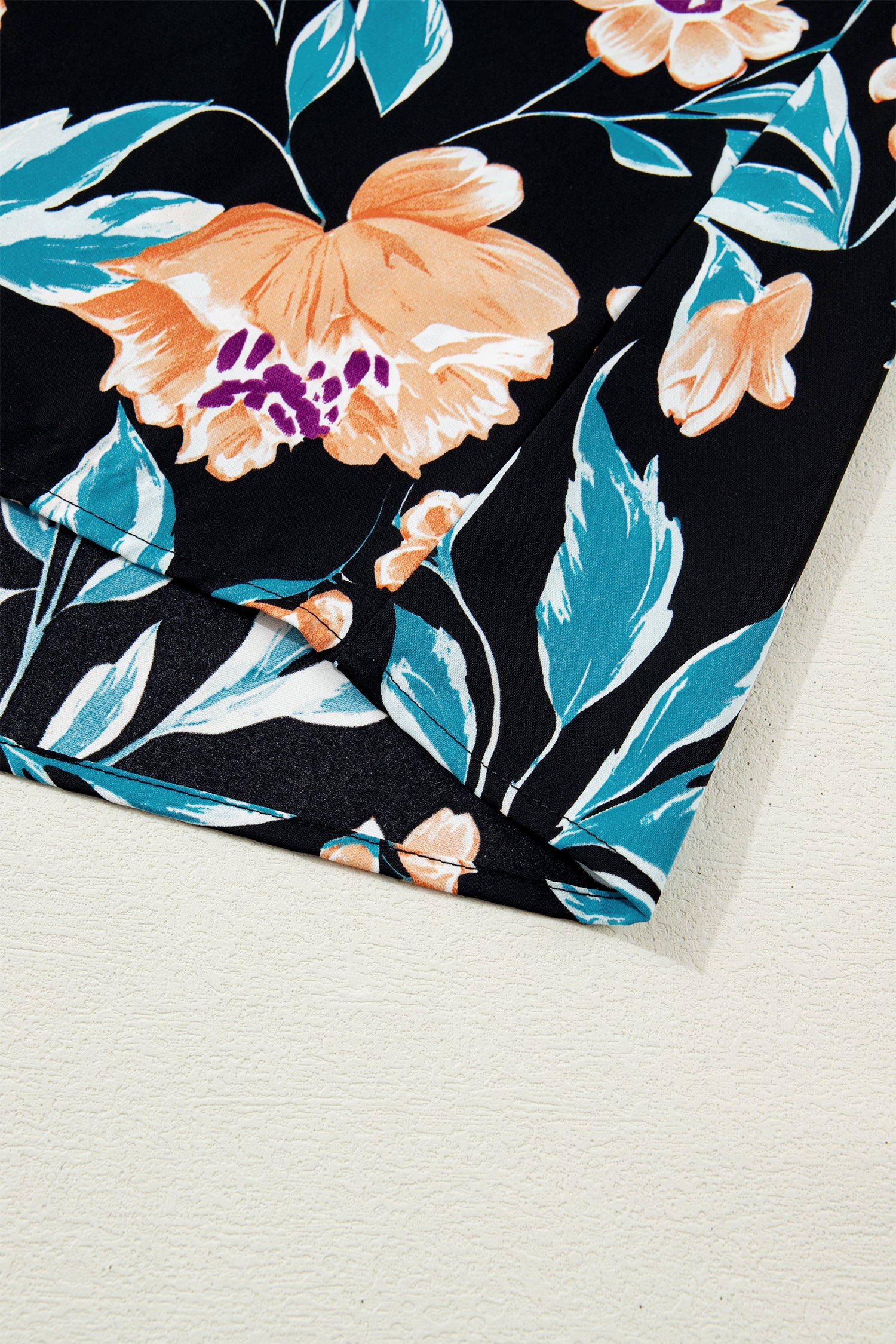 Black Floral Short Bubble Sleeve Buttoned Notched Neck Blouse