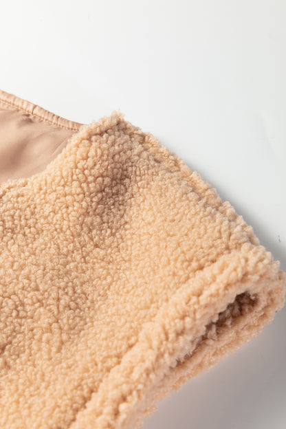 Light French Beige Big Button Accent Fuzzy Pocket Vest