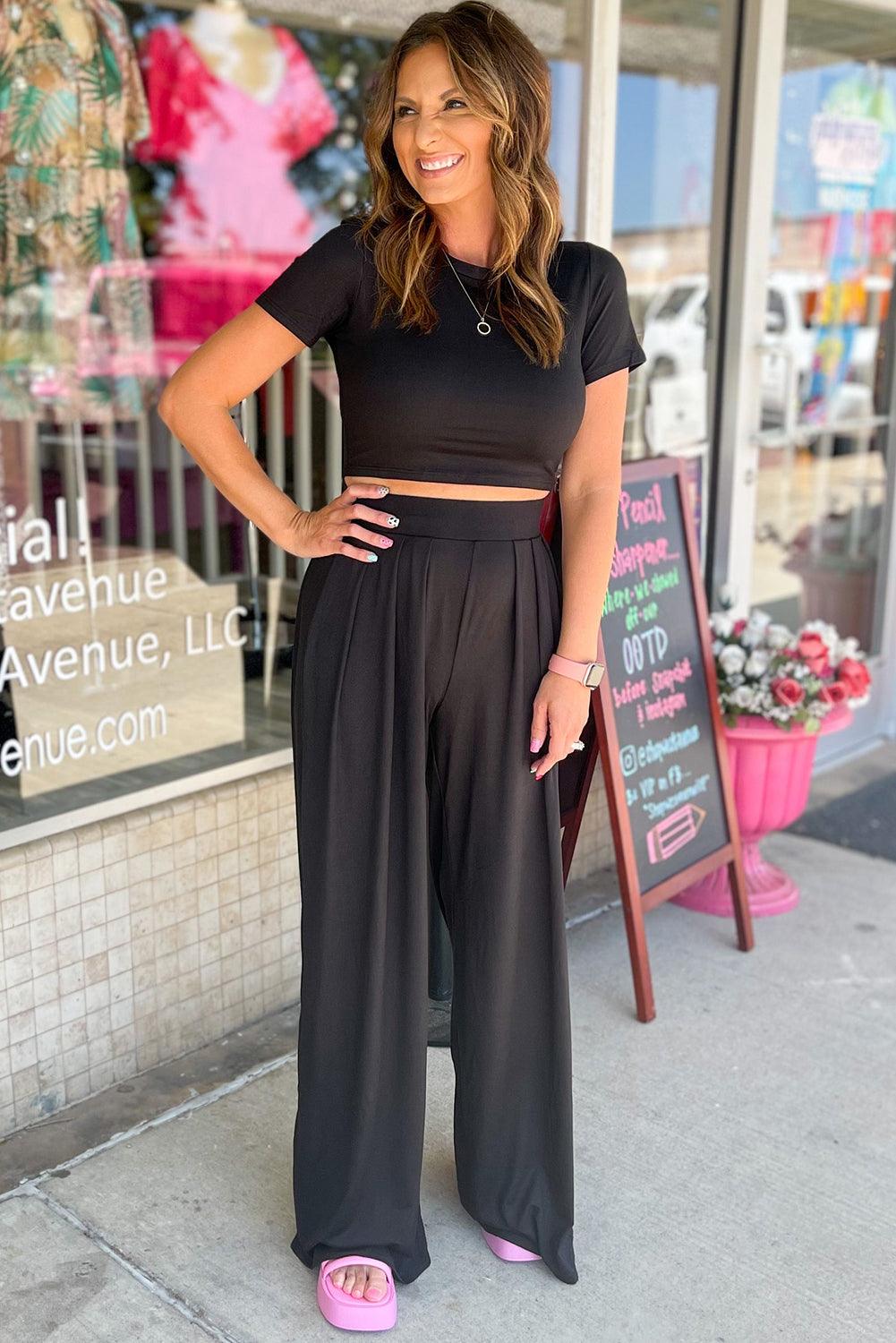 Black Slim Fit Crop Top and Pleated Wide Leg Pants Set - L & M Kee, LLC