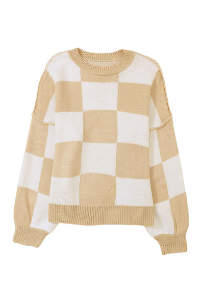 Pink Checkered Bishop Sleeve Sweater - L & M Kee, LLC