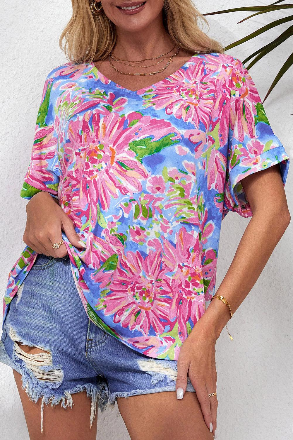 Pink Abstract Floral Print Notch V Neck Rolled Short Sleeve Blouse - L & M Kee, LLC