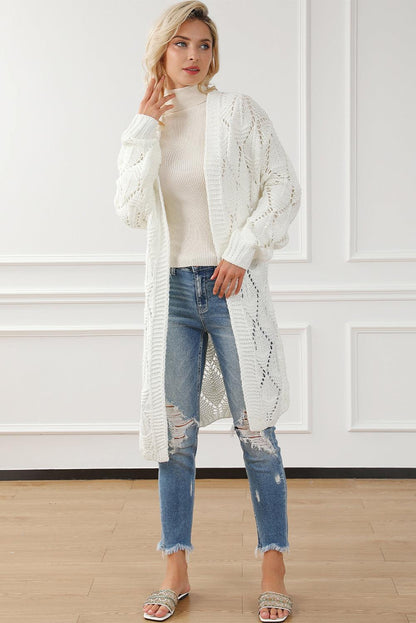 White Rhombus Hollowed Knit Open Front Cardigan - L & M Kee, LLC