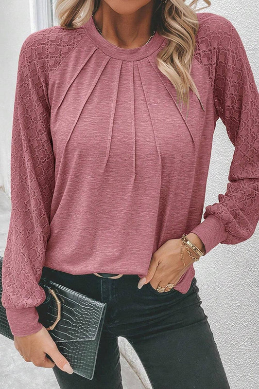 Rose Pink Contrast Lace Raglan Sleeve Plicate Round Neck Top - L & M Kee, LLC