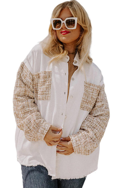 White Plus Size Tweed Patchwork Raw Hem Jacket - L & M Kee, LLC