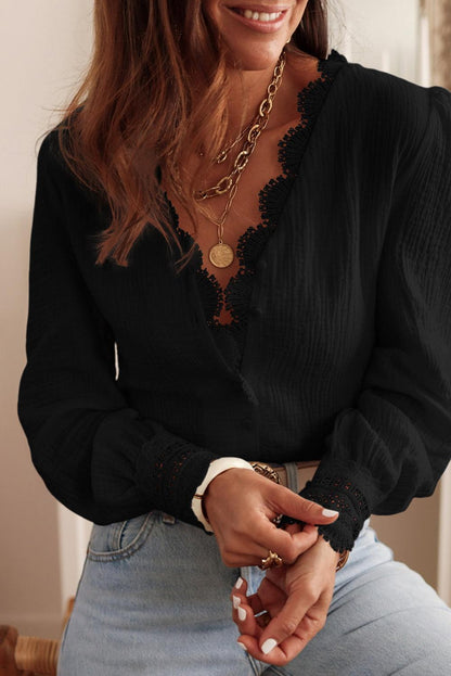 Black Lace Crochet Trim Deep V Neck Textured Blouse - L & M Kee, LLC