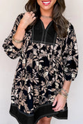 Black 3/4 Sleeve Botanical Print Split Neck Loose Mini Dress