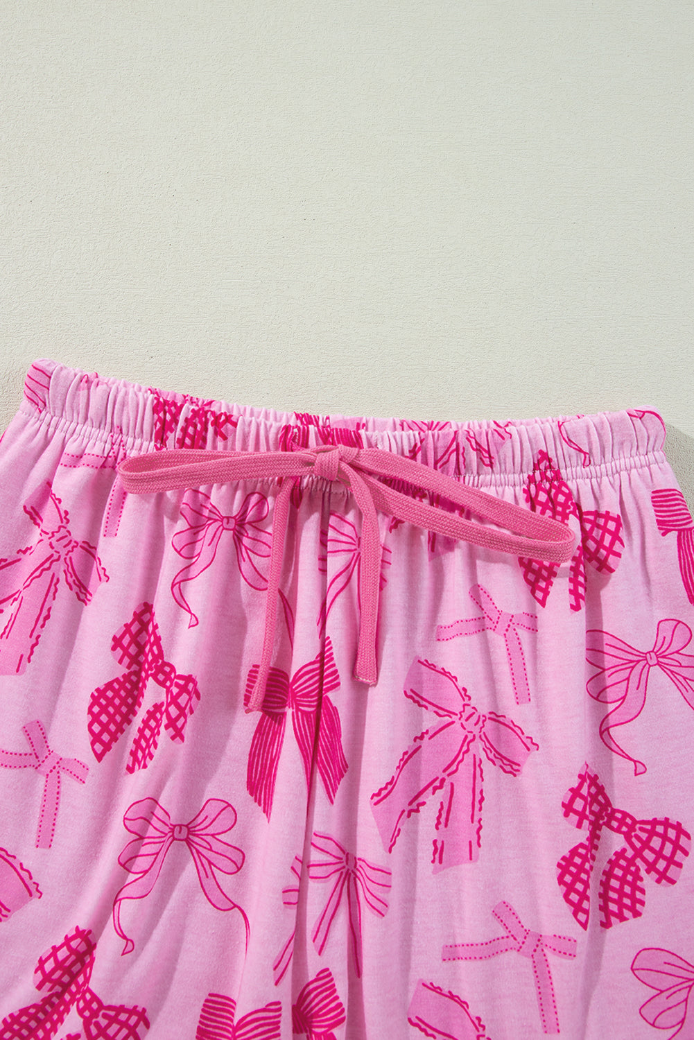 Pink Bow Print Half Sleeve Shirt and Shorts Pajamas Set