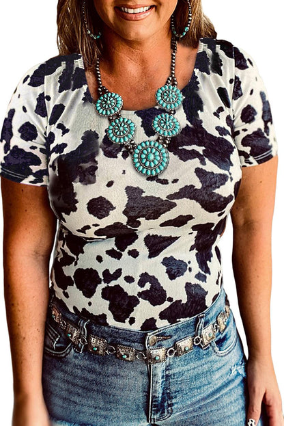 One Shoulder Cow Print Cut out Short Sleeve Top - L & M Kee, LLC