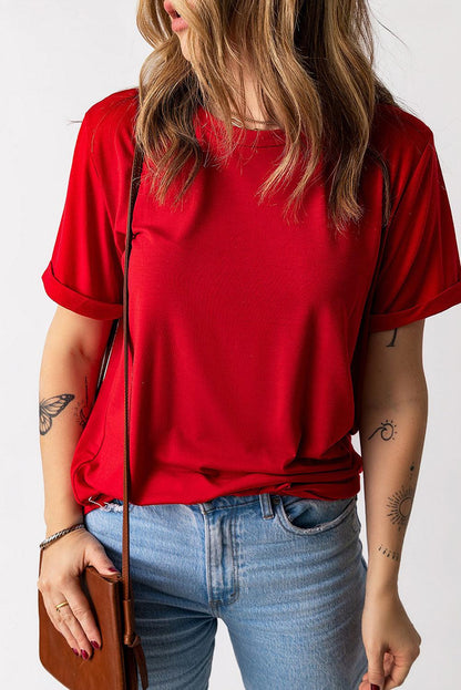 Red Solid Color Crew Neck Tee