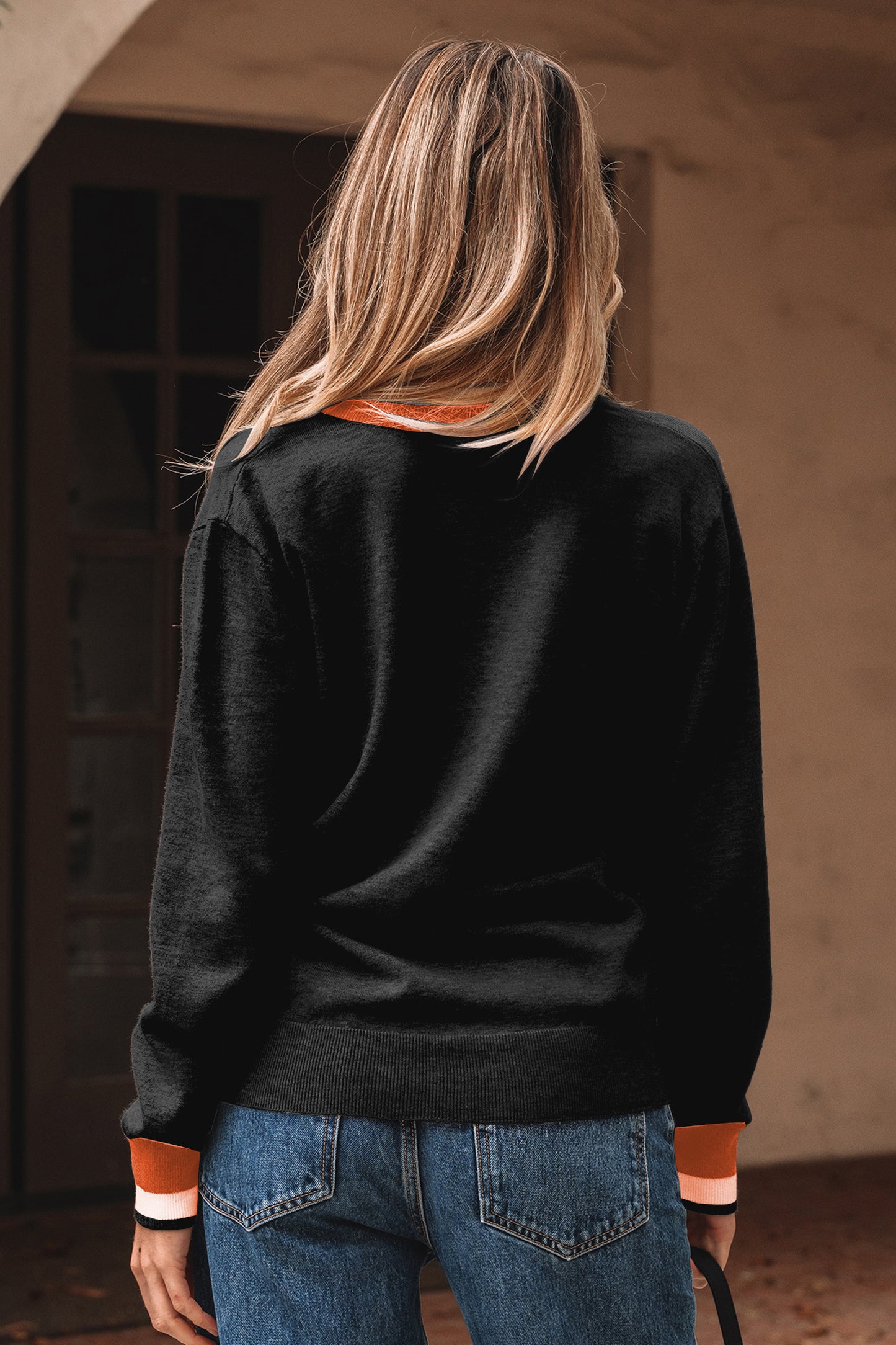 Dark Khaki Contrast Striped Trim V Neck Varsity Sweater