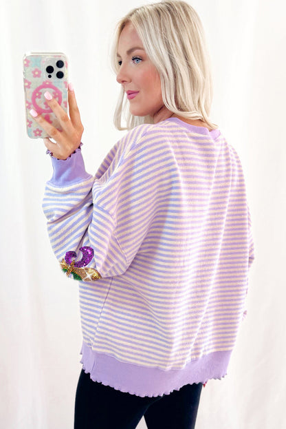 Purple Stripe Sequin Fleur de Lis Patched Pattern Long Sleeve Top