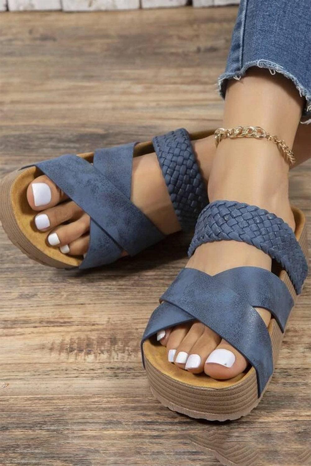 Braided Detail Criss Cross Platform Slippers - L & M Kee, LLC