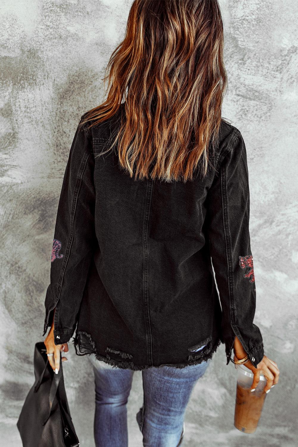 Black Glitter Tigers Graphic Raw Hem Frayed Denim Jacket - L & M Kee, LLC