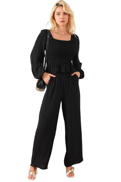 Black Square Neck Smocked Peplum Top and Pants Set - L & M Kee, LLC