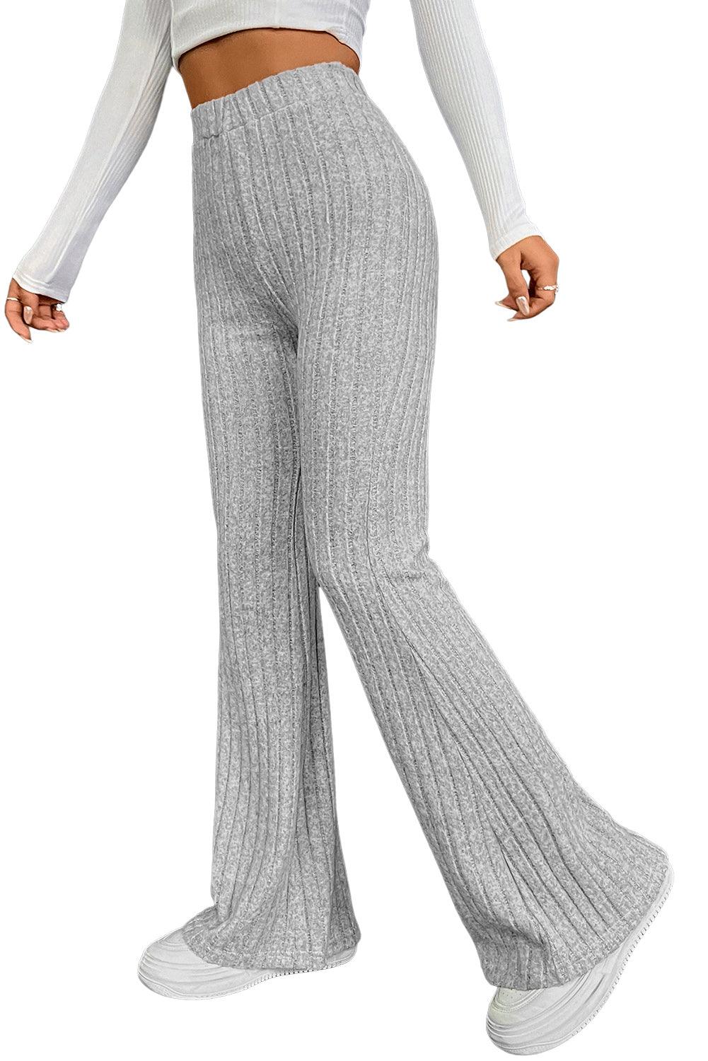 Gray Solid Color High Waist Ribbed Flare Pants - L & M Kee, LLC