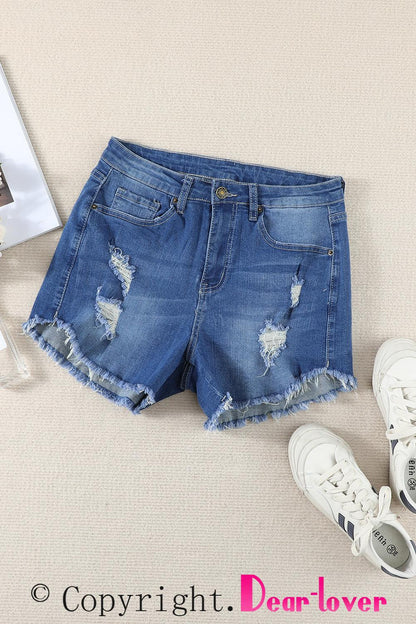 Dark Blue Frayed Hem Denim Shorts - L & M Kee, LLC