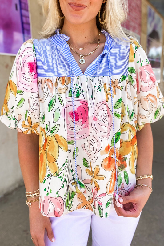 Multicolour Floral Print Striped Yoke Frilled V Neck Puff Short Sleeve Blouse