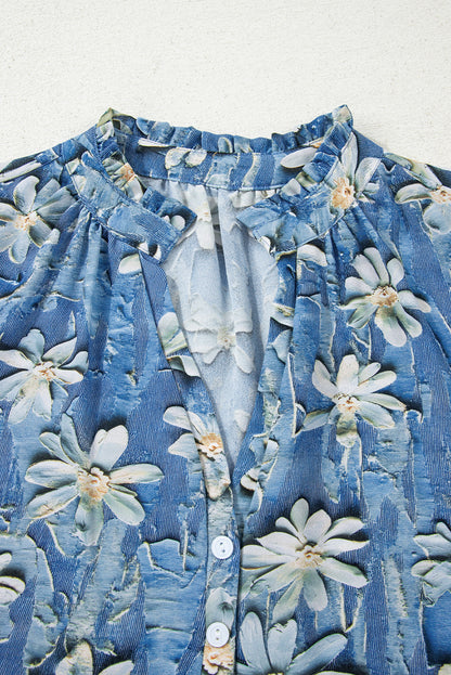 Sky Blue Fall Floral Half Placket Collared V Neck Blouse