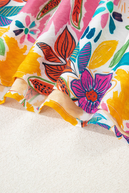 Pink Floral Print Lace Trimmed Tie Back Bell Sleeve Swing Mini Dress