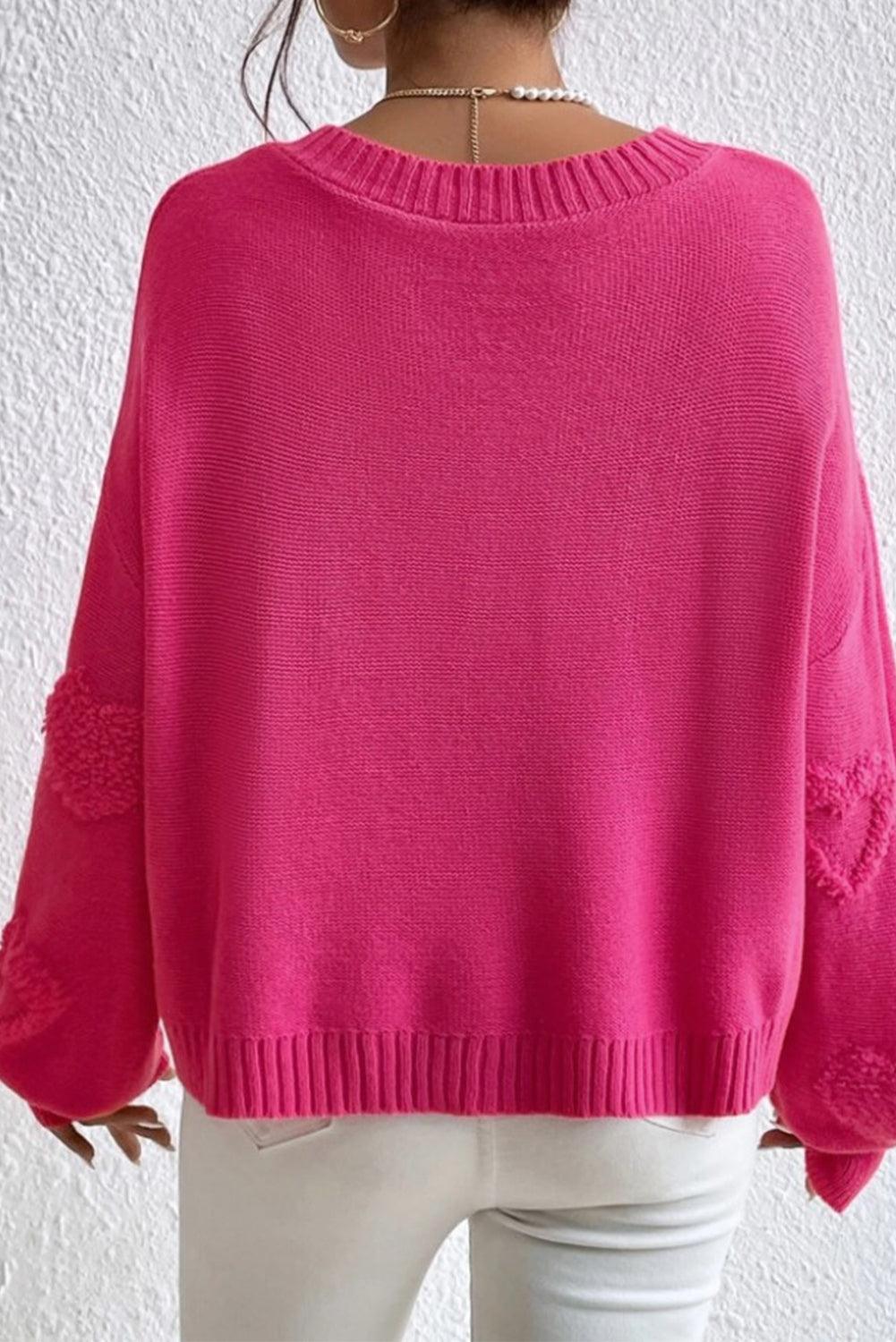 Rose Red Pearl Embellished Fuzzy Hearts V Neck Sweater - L & M Kee, LLC