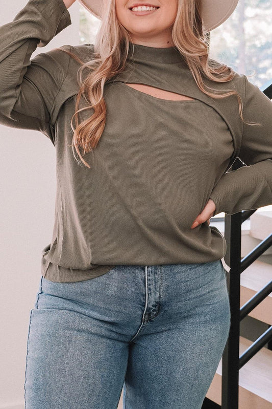 Plus Size Ribbed Mock Neck Peek-A-Boo Cut Out Top - L & M Kee, LLC