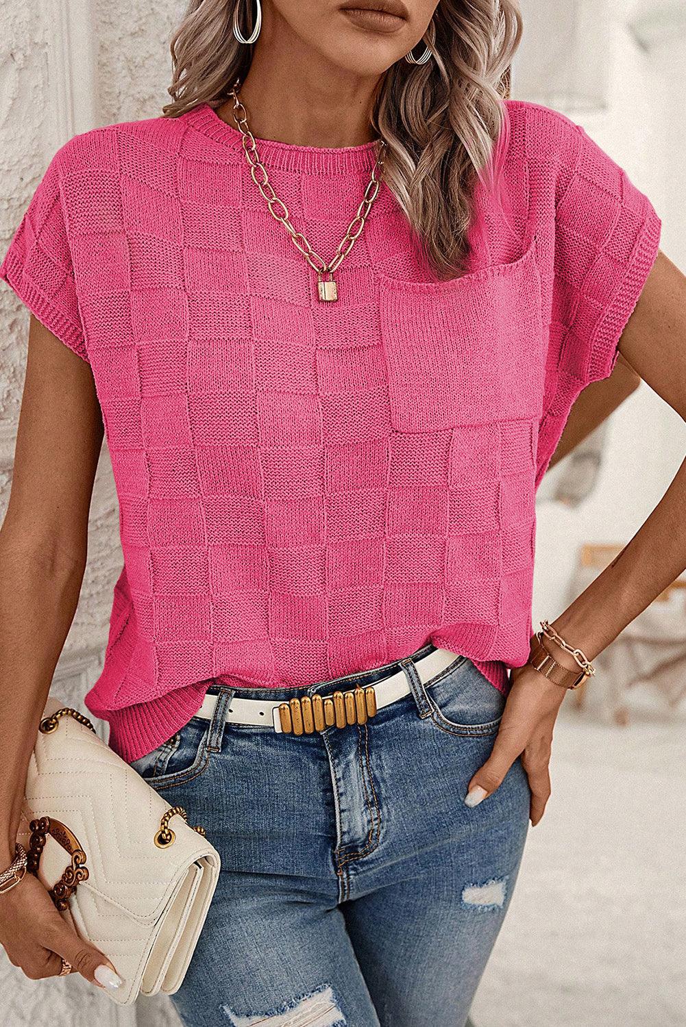 Bright Pink Lattice Textured Knit Short Sleeve Sweater - L & M Kee, LLC