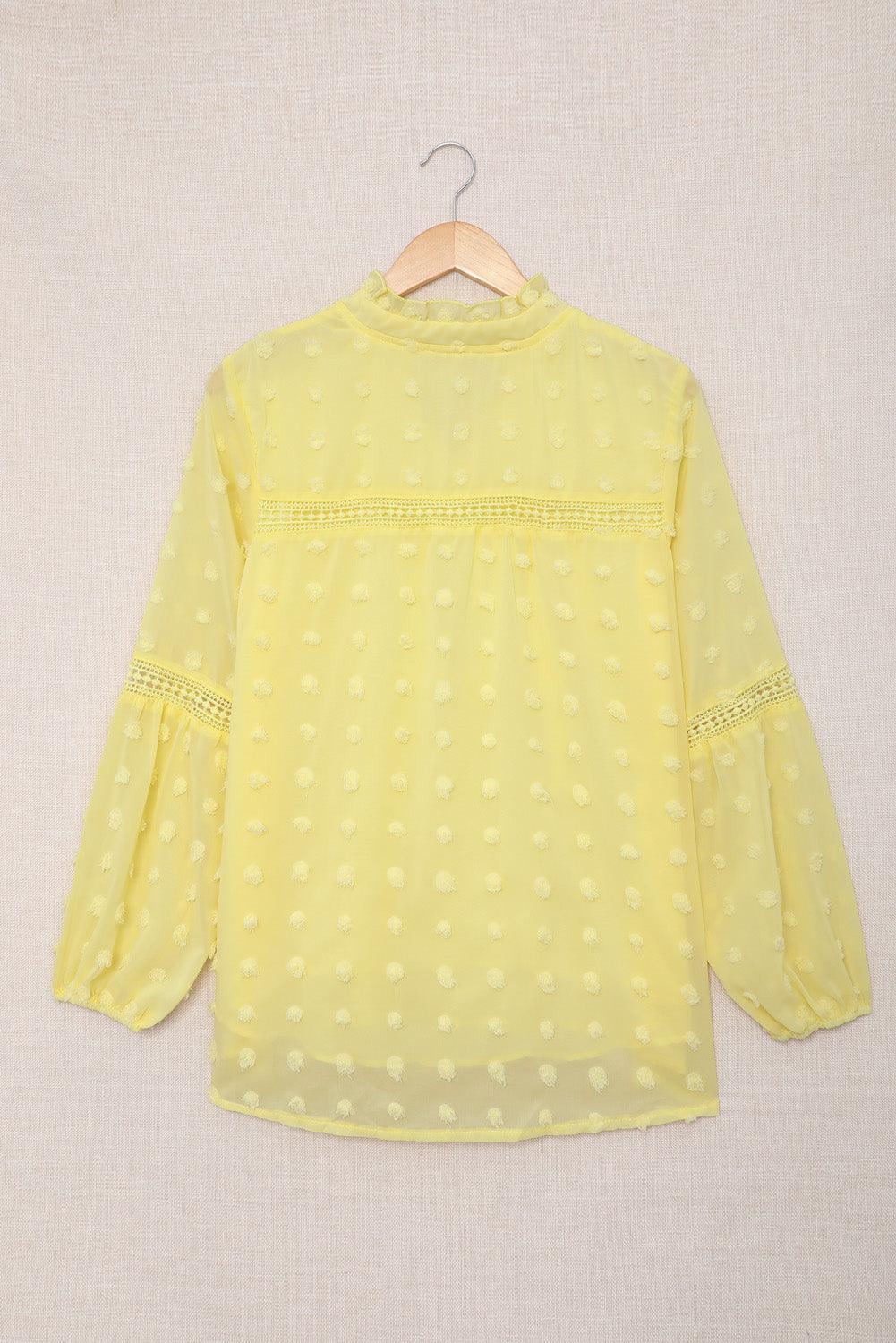 Blue Ruffled Split Neck Lace Hollow Out Puff Sleeve Polka Dot Blouse - L & M Kee, LLC